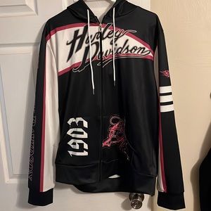 replica silky lightweight harley davidson zip up hoodie, black/white/pink